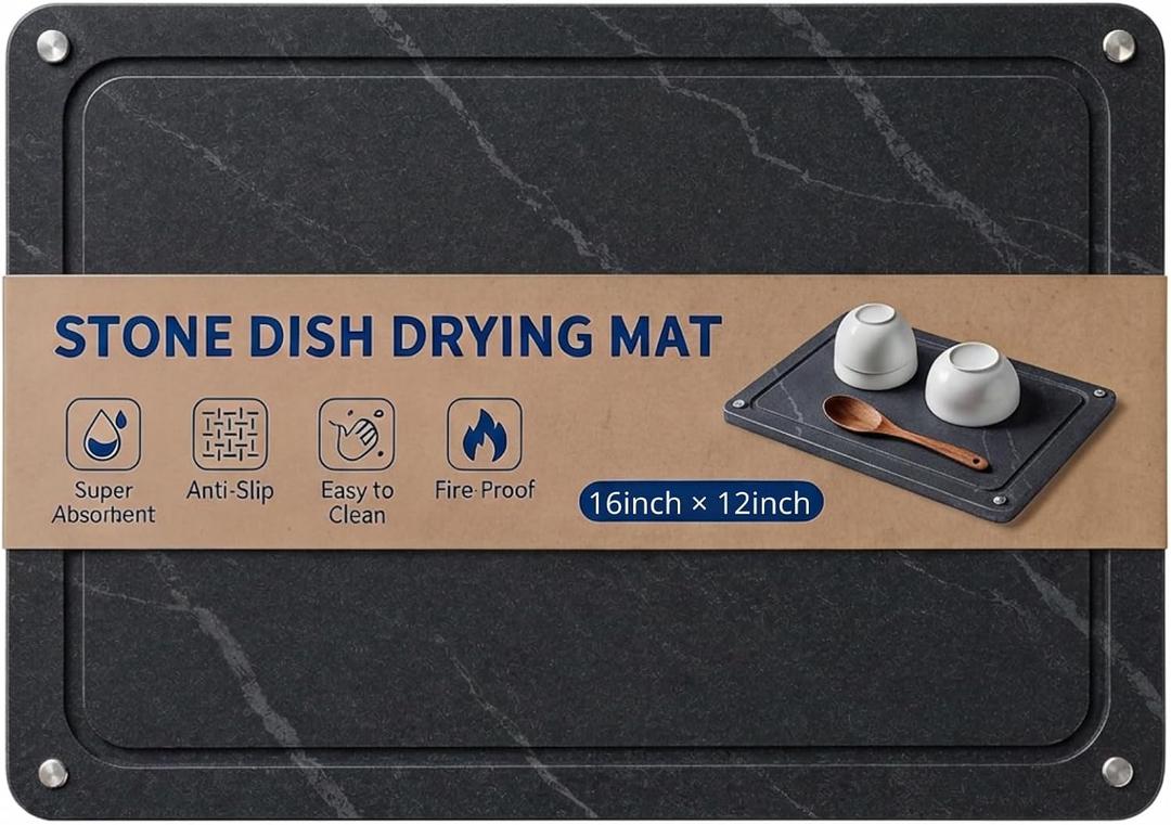 Black Stone Drying Mat for Kitchen Counter 16"x12” Soapstone Drying Mat | Eco-Friendly Natural Diatomaceous Earth Stone Drying Mat, Quick Drying , Marble Drying Mat for Kitchen Counter, Support 22 lb
