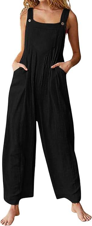 loveimgs Women's Loose Sleeveless Printed Bib Overalls Pockets Wide Leg Palazzo Pants Tank Jumpsuit Size M