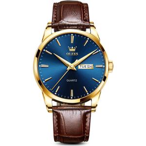 OLEVS Amazon Watches,Brown Leather Watch for Men,Men Day Date Watch,Men's Luminous Watch,Dress Watch for Men,Rose Gold Watch for Men,Men's Fashion Quartz Watch,Waterproof Brown Man Watches (brown leater blue dial)