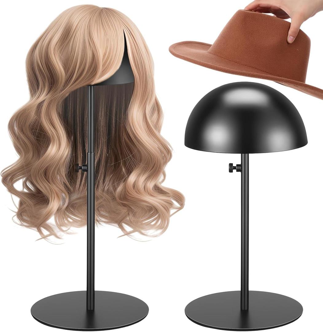 Sintuff 2 Pcs Hat Display Stand 7.9-15.7 Inch Adjustable Hat Holder Sturdy Wigs Head Stand Anti-rust Non-slip Stable Stainless Steel Metal Hat Rack for Multiple Hats Storage Wig, Black, Round Base 