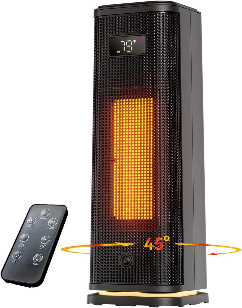 Space Heater for Indoor Use, 15.9" Portable 1500W Fast Heating PTC Ceramic Heater with 12H Timer, Thermostat, 4 Modes, 45 Oscillation, Quiet & Safe for Home Office Bedroom