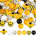 Chunful 190 Pcs Bee Wood Beads Yellow Black Bee Honeycomb Wooden Beads 16 mm Polished Farmhouse Spacer Charms with 65.6 ft Rope for Summer Garland Craft Making DIY Tiered Tray Party Decor