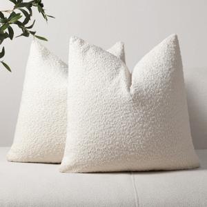 DEZENE Textured Boucle Throw Pillow Covers 18x18 White for Bed Couch Sofa Living Room, Pack of 2 Square Cozy Boho Decorative Pillow Cases (Covers ONLY)