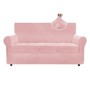 ZNSAYOTX Luxury Velvet Couch Cover 4 Piece (72"-92") Stretch Sofa Covers for 3 Cushion Couch Thick Soft Sofa Slipcover with Non Slip Strap, Dog Pet Friendly Nice Furniture Protector (Rose)