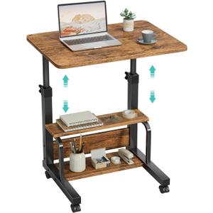 WINAZ C Shaped Rolling Laptop Desk - 24" Rustic Brown Mobile Desk with Wheels for Small Spaces, Height Adjustable Overbed Table with 2-Tier Storage Shelves, 23.6"