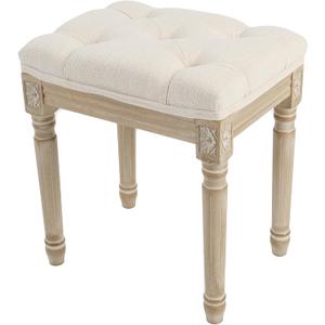 Yusong Vanity Stool Upholstered Bench Seat for Makeup Room, Vintage Small Bedroom Bench Dining Bench with Tufted Fabric for Living Room, Piano Stool with Rustic Wood, Easy Assemble,Beige, 17''*13''*18.6''