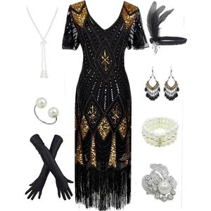 Women's 1920s Gatsby Inspired Sequin Beads Long Fringe Flapper Dress w/Accessories Set (3X-Large, Black&gold)