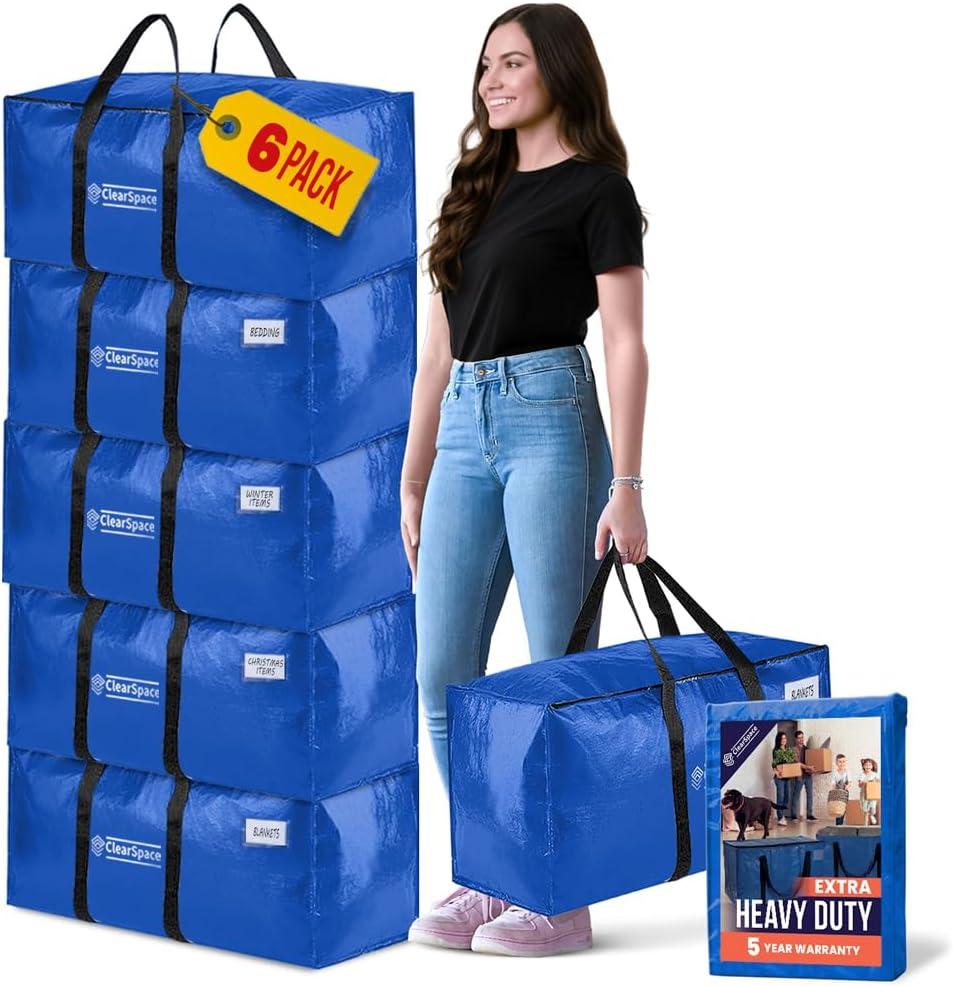 ClearSpace Extra Heavy Duty Moving Bags with Zipper, 6 Pack  Extra Large Storage Bags for Clothes, Moving Boxes or Packing for Organization - Clothing Storage with Carrying Handles