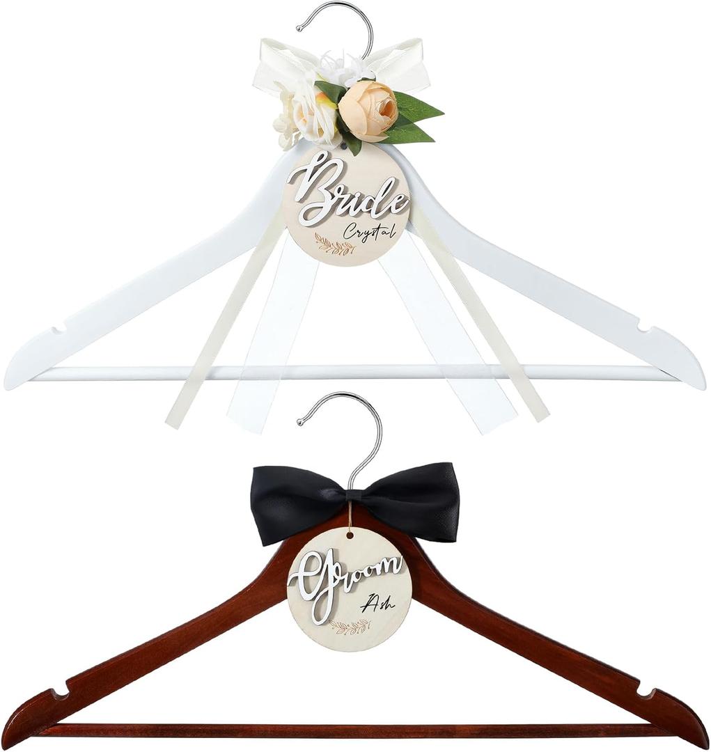 2 Pack Bride Hanger Groom Hanger Wedding Hangers with Ribbon Bow for Wedding Dress Suit Bride Gift(Brown, White,Flower)