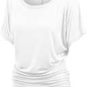 Made By Johnny Women's Casual Solid Short Sleeve Boat Neck/V Neck Dolman Top T Shirt with Side Shirring (Large, White)