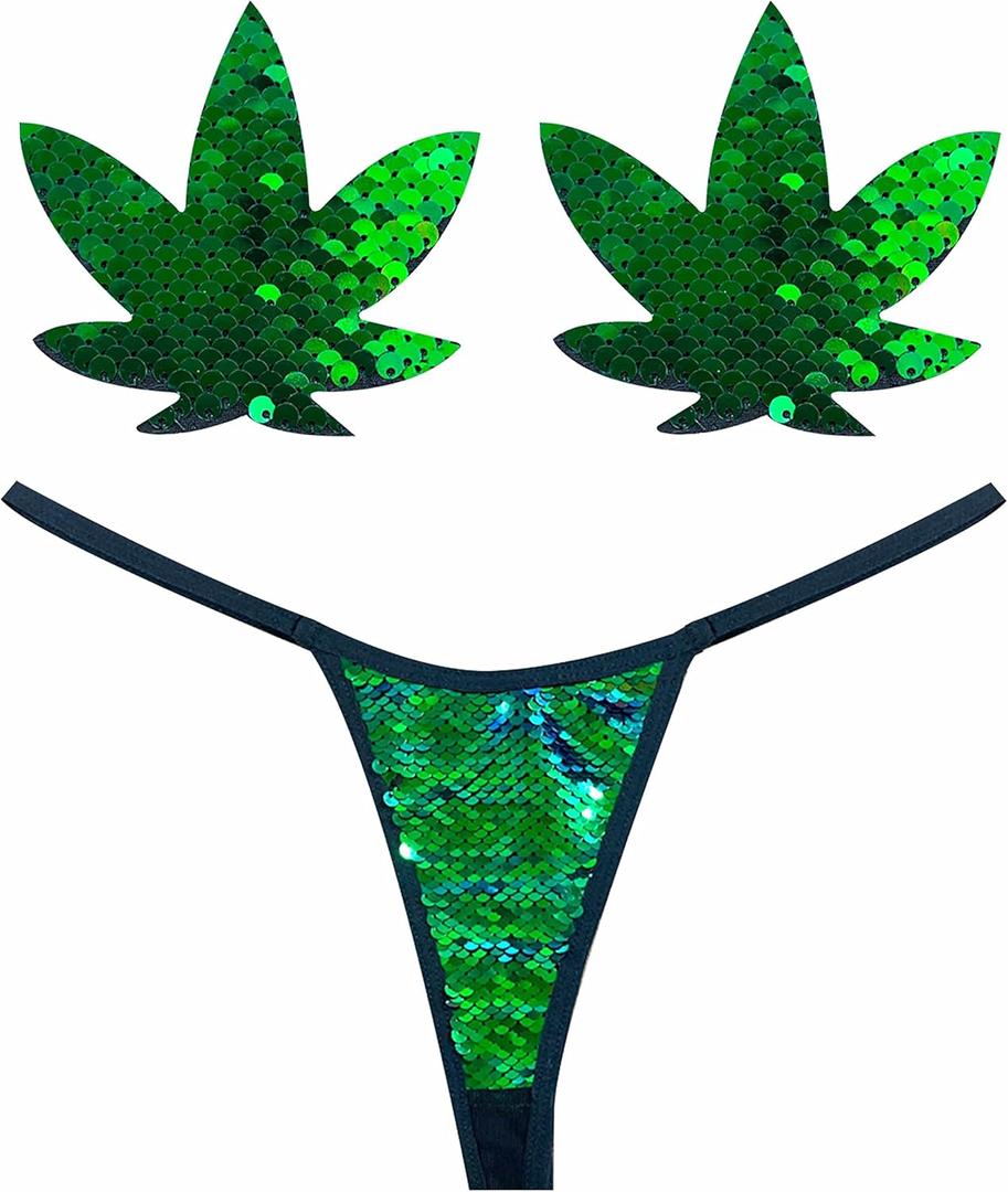 Neva Nude Ariel Green Flip Sequin Naughty Knix G String with Matching Weed Leaf Nipztix Pasties for Raves and Festivals