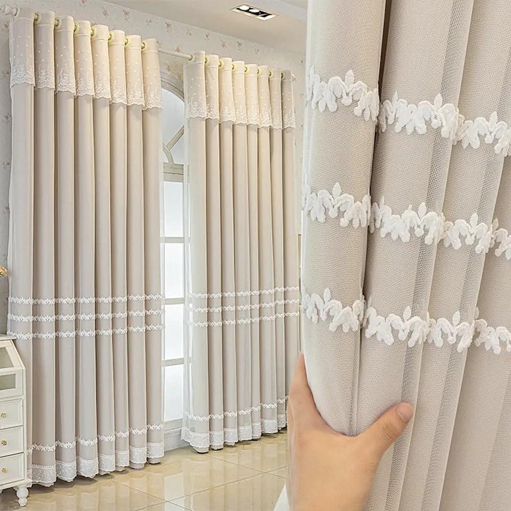 1 Pair Double Layer Striped Curtains for Girls Room Living Room Embroidered Curtains with Valance for Bedroom (Beige, 54x84 Inch)