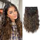 REECHO Clip-in Hair Extensions, 4PCS 14" Wavy Hairpieces - Invisible Lace Weft, Natural Soft Hair - Dark Brown with Highlights