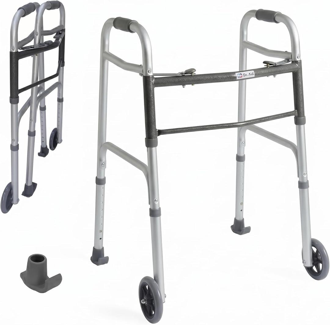 Dr. Aid Premium 2 Button Folding Walker with Wheels - Lightweight Walkers for Seniors - Front Wheel Rolling Walker - Durable Aluminum Frame, Adjustable Height, Supports Up to 320lbs - Gray