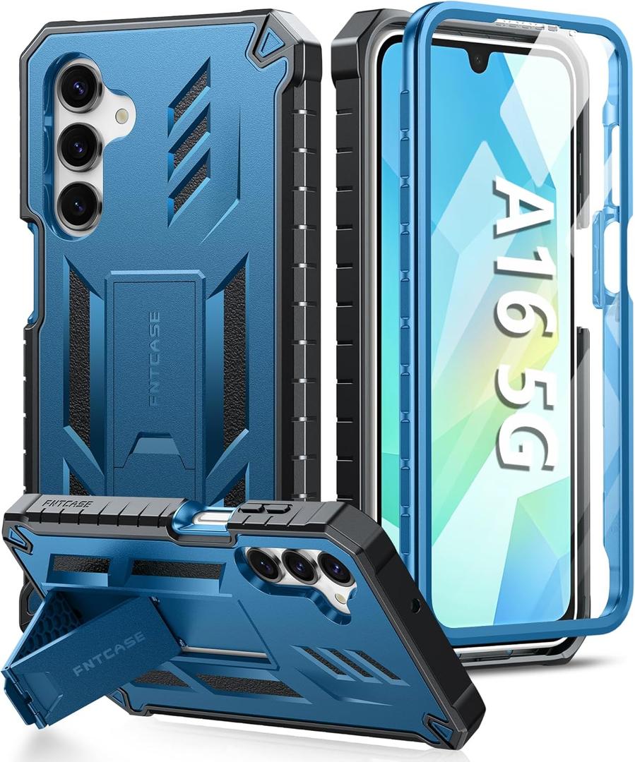 FNTCASE for Samsung Galaxy A16-5G Case: Military Grade Drop Proof Protection Mobile Cover with Kickstand | Matte Textured Rugged Shockproof TPU | Protective Sturdy Phone Case(Blue)