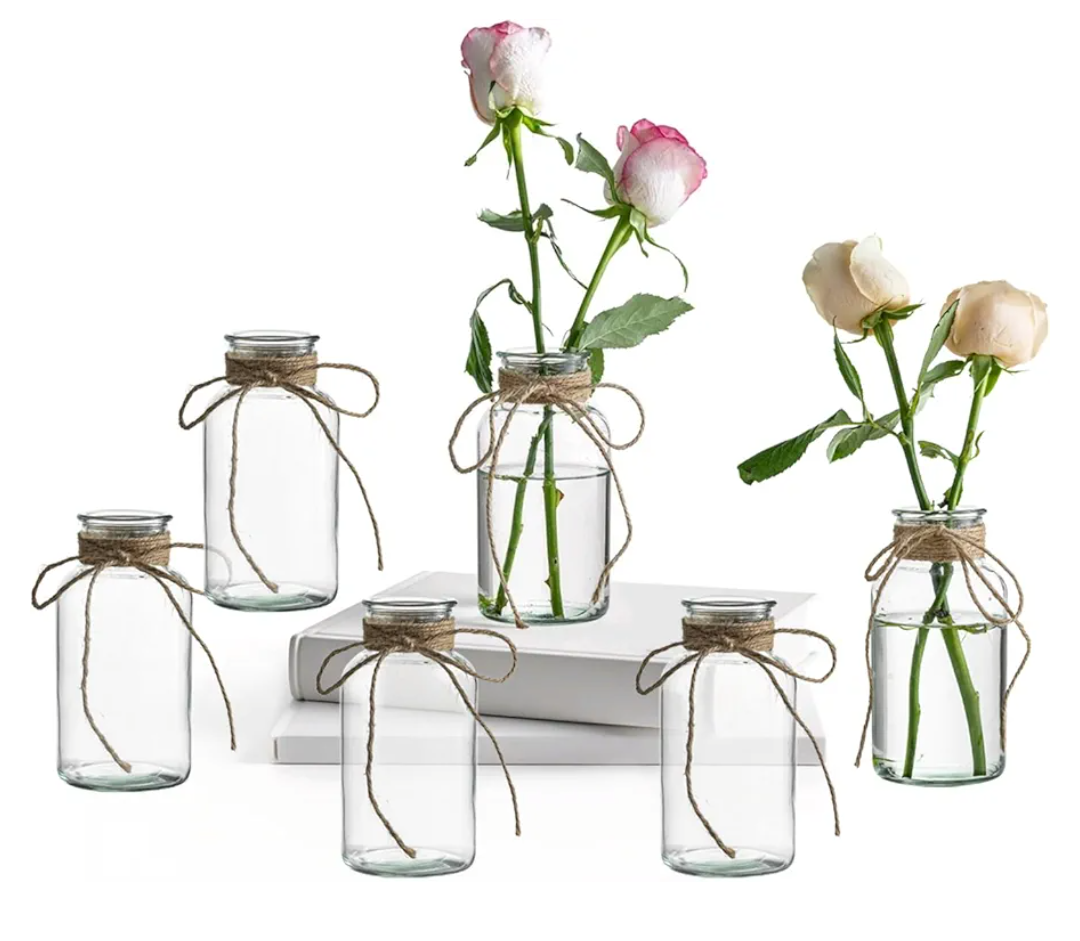 Vintage Glass Vases, Mason Jars for Centerpieces, Farmhouse Mason Jar Vase with Rope Design, Centerpiece Vases for Table, Wedding & Home Decor (6)