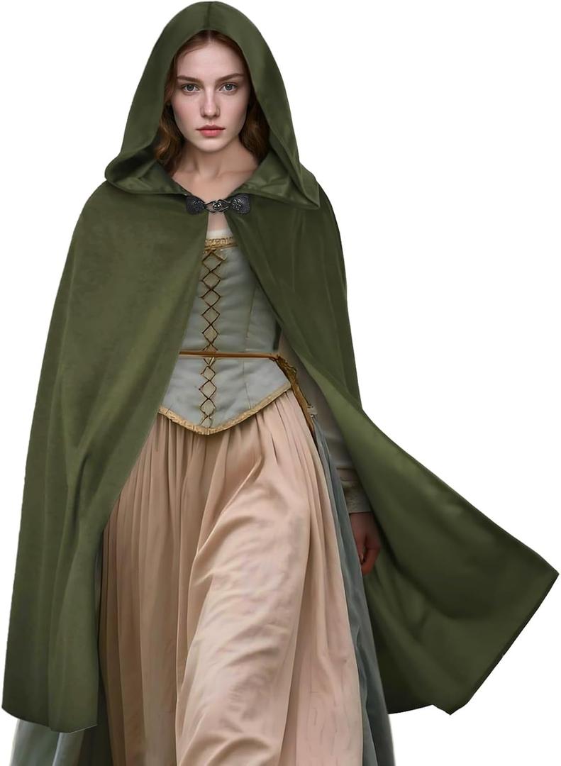 Renaissance Hooded Cloak Medieval Velvet Cape Wizard Witch Cloak Capelet Halloween Cosplay Costume for Women Men (Green)