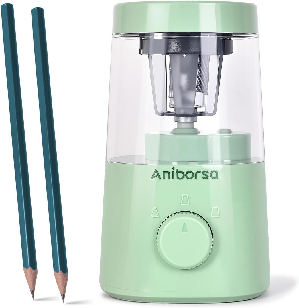 2 x Electric Pencil Sharpener, Helical Blade Automatic Pencil Sharpener, Battery/USB Cord Operated Adjustable Sharpness for 6-8 mm Pencil, Classroom, School, Office, Home, Green