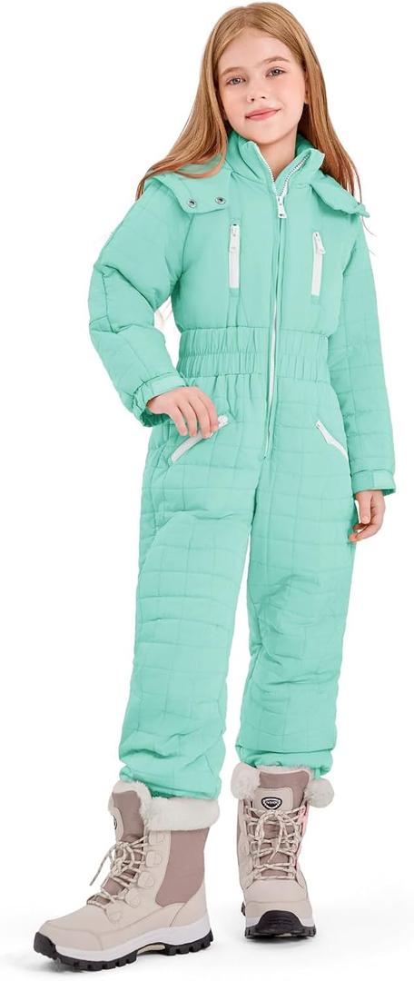 Haloumoning Kids Snow Suit Girls Hooded Waterproof Insulated One Piece Ski Suit 5-14 Years (Sky Blue)