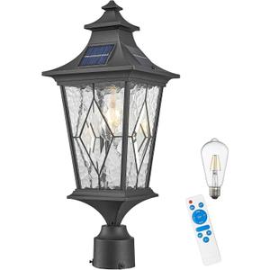 Solar Lamp Post Light Aluminum 20.7 Inch Height Large Size Solar Pole Lights with Water Ripple Handmade Solder Glass Waterproof Black Finish Include Remote Control and LED Bulb