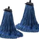 Matthew Large Heavy Duty Mop Head Commercial Replacement for General and Floor Cleaning, Screw-on Wet Industrial Cotton Looped End String Head Refill (Blue Pack of 2) w/ Built-in Flexible Bristle Brush