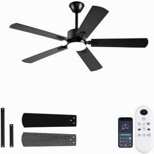 52 inch Modern Ceiling Fans with Lights APP/Remote Control, Low Profile Reversible 6 Speeds Ceiling Fan Light for Indoor/Outdoor Patio Bedroom Living Room,Black