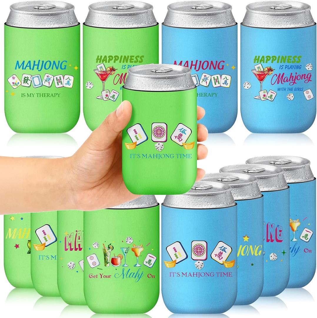 12pcs Mahjong Can Sleeve Thermocoolers,Mah Jongg Party Can Coolers,Mahjong Drink Holders Beverage for on My Mahjong Party Decorations Favor,Mah Jongg Lovers Gift,Soda Beverage,Blue Green,6 Designs