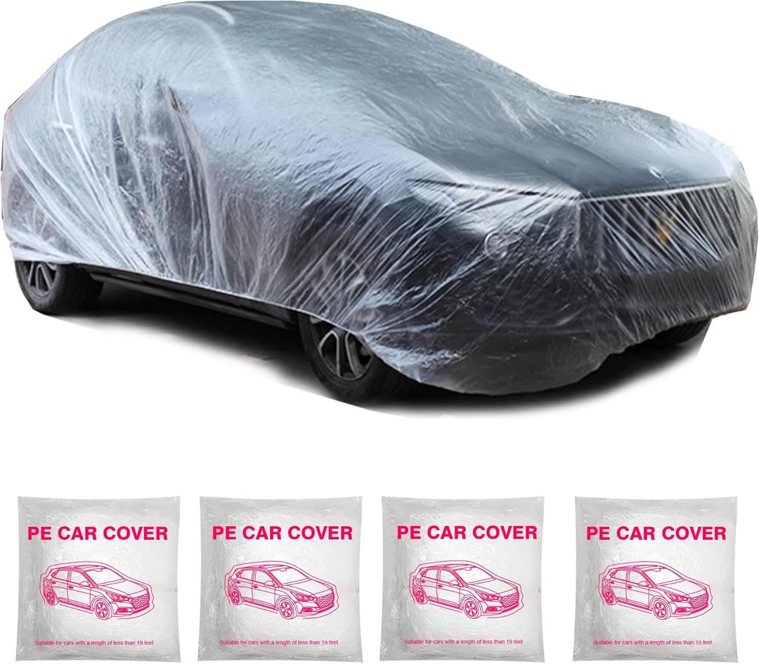 4 Pack Universal Disposable Car Covers Waterproof Plastic Car Cover for Automobiles Universal Vehicle Cover with Elastic Band for Sedan Outdoor Snow Rain Weather, (Size L)