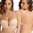 Women's Backless Bra with Clear Straps and Back Deep V Plunge Push Up Padded Convertible Low Cut Bras Underwire (38B, Beige)