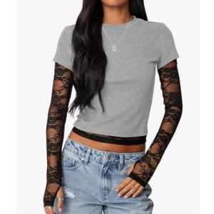 KIGRAD Womens Y2k Girls Sheer Mesh Lace Patchwork Layered Long Sleeve Crop Tops Crewneck Layering Lace Going Out Shirts L, Gray