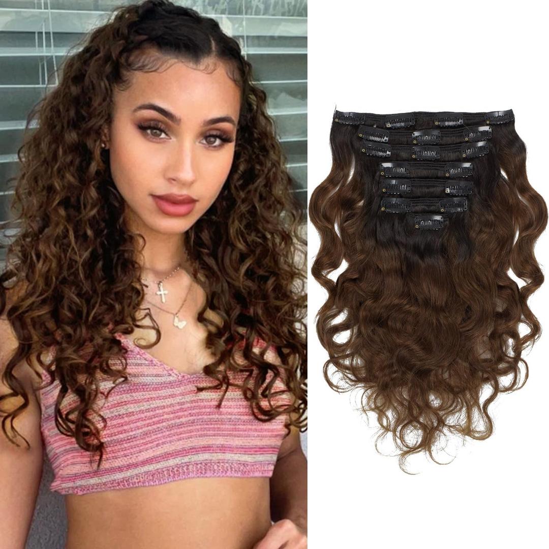 Loxxy Clip in Human Hair Extensions Natural Color Virgin Remy Human Hair Extensions #1B/4 Off Black to Dark Brown with Double Weft 120g/set 7Pcs/lot And 17 Clips Per Pack(18inch Natural Wave)