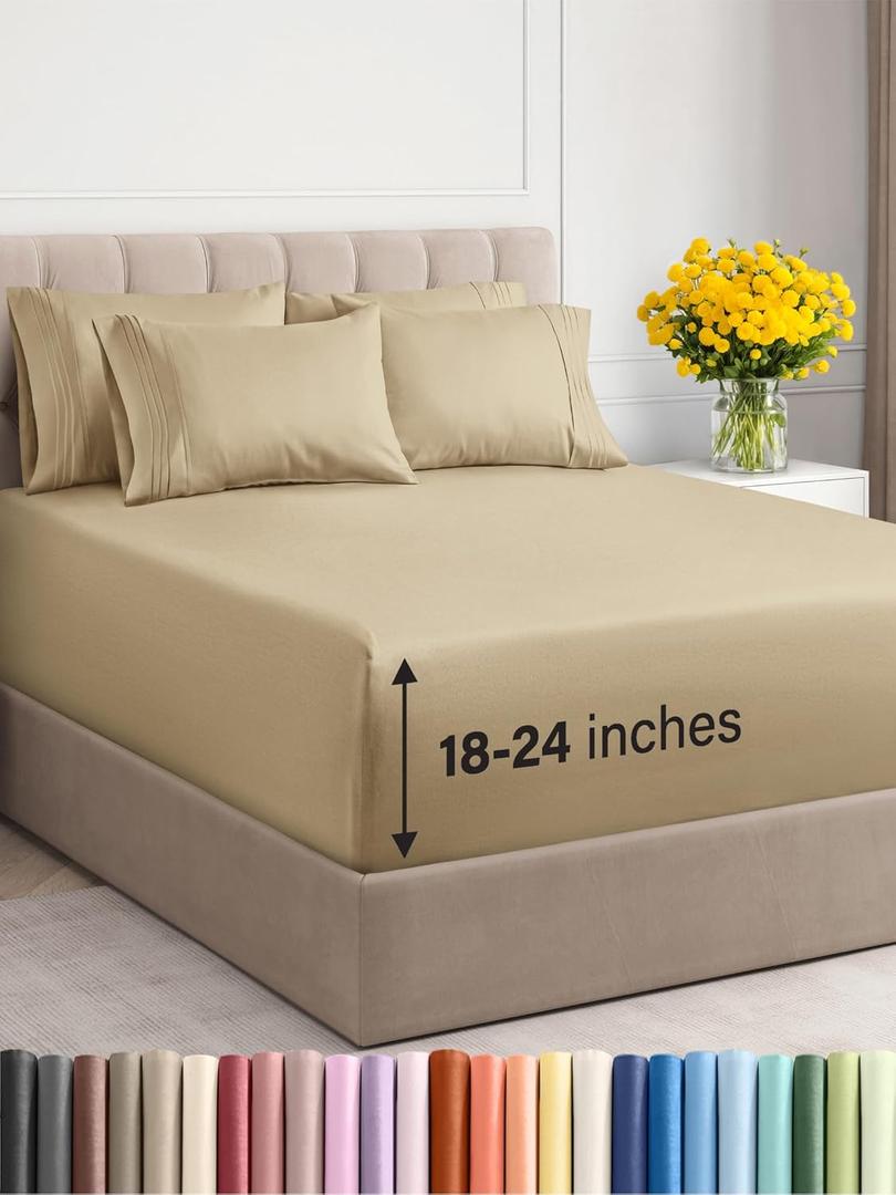 Extra Deep Queen Sheet Set - 6 Piece Breathable & Cooling Sheets - Hotel Luxury Bedding Set w/18-24 Inch Extra Deep Pockets - Easy & Secure Fit - Super Soft, Wrinkle Free & Comfy - Beige, Queen Size