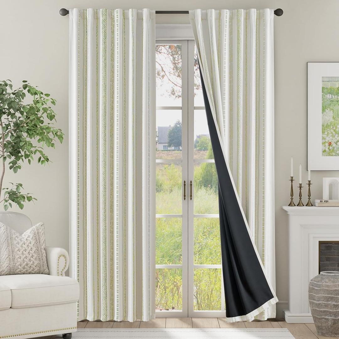 Jinchan 100% Blackout Curtains 84 Inches Long for Bedroom, Boho Insulated Curtains Sage Green Printed on Beige Geometric Drapes Back Tab Rod Pocket Room Darkening Retro Farmhouse Pattern 2 Panels