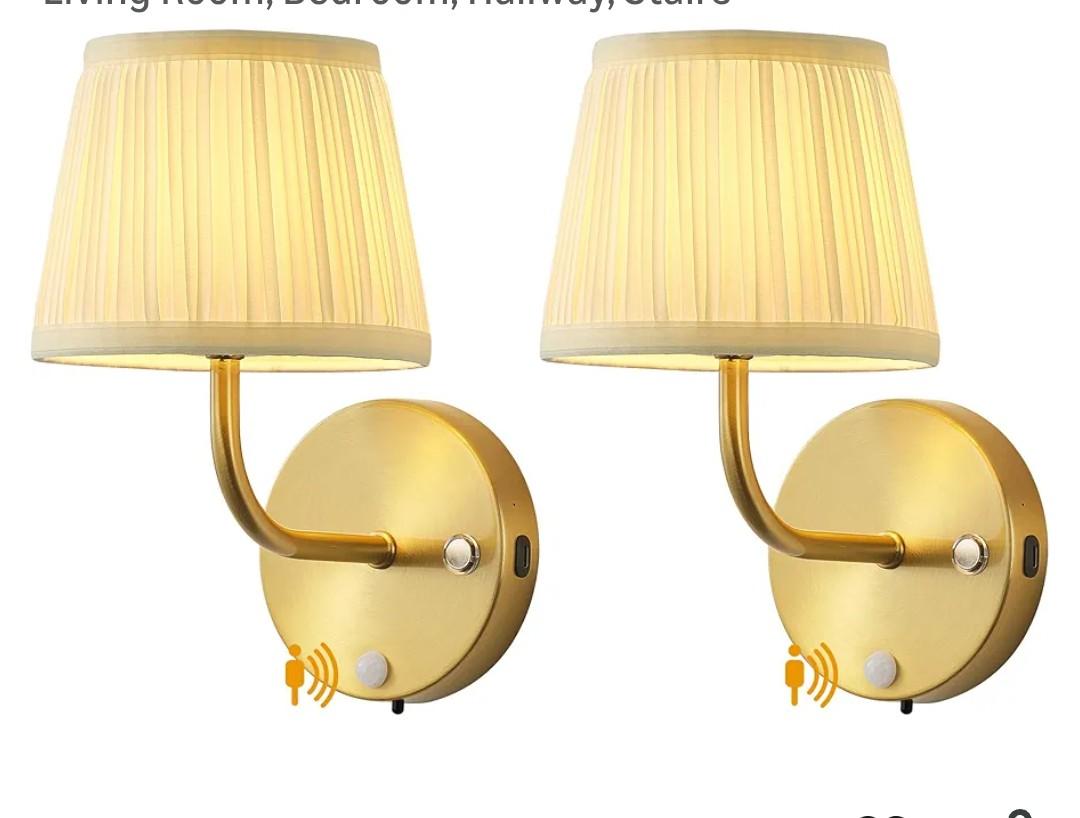 PUSU Motion Sensor Gold H9.6 inch Small Wall Sconces Set of 2, LED Cordless Rechargeable 5200mAh Battery Operated Fabric Wall Lamps with Remote, Lighting for Living Room, Bedroom, Hallway, Stairs