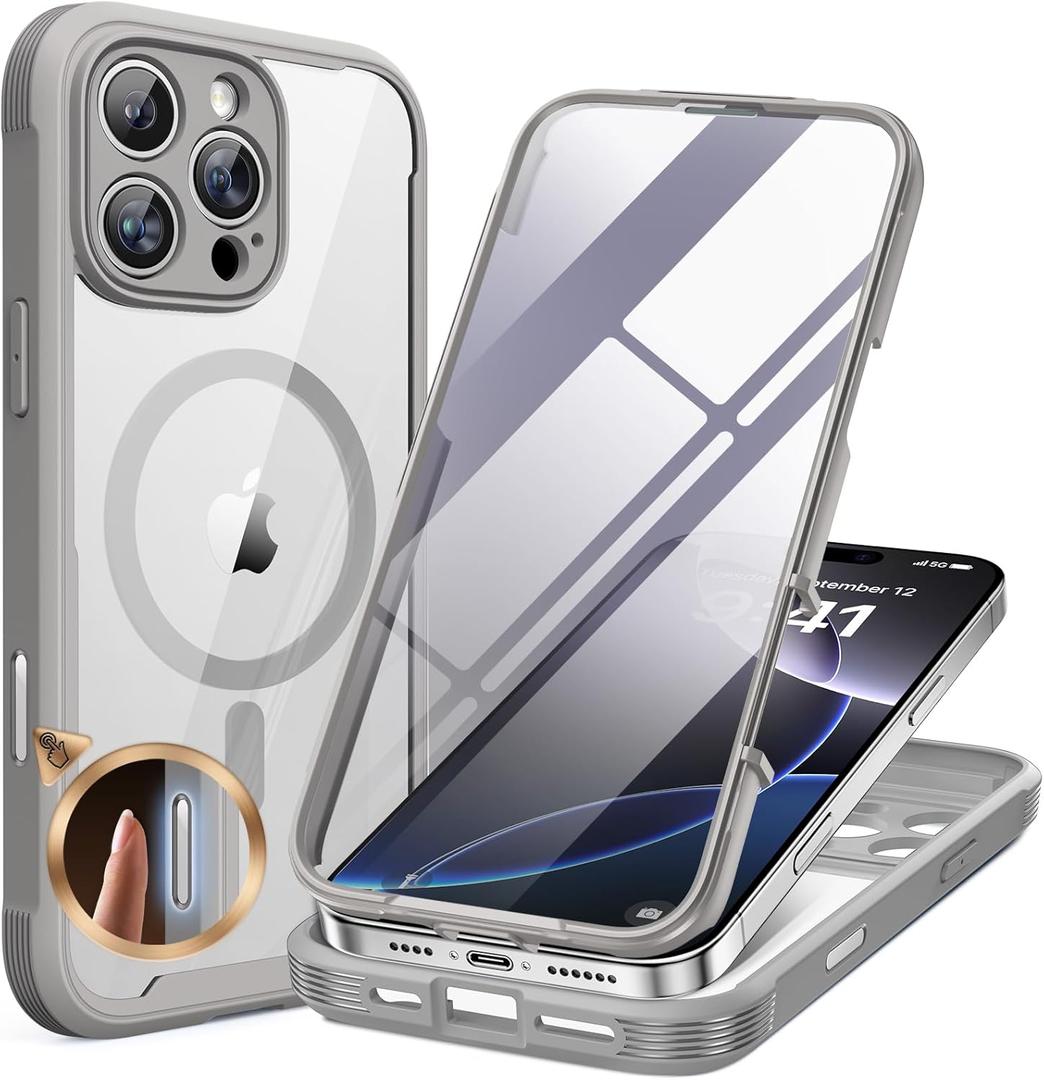 Miracase for iPhone 16 Pro Max Case 6.9'', [Bubble Free] Full-Body Phone case with Built-in Full Glass Screen &Lens Protector,Compatible with MagSafe,Drop Proof 16 Pro Max Cover, Grey (Magnetic Grey Titanium)