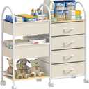 Baby Organizer and Storage Cart, 4-Tier Rolling Utility Cart with Wheels, Dividers and Drawers, Easy to Assemble for Nursery, Bedroom & Changing Table, White