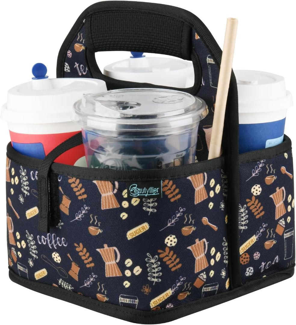 Beautyflier Reusable Insulated Coffee Cup Carrier, Portable Drink Holder with Handle Organizer Tote Bag for Hot & Cold Drinks (Coffee Utensils)