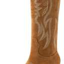 KaroNairy Women Cowboy Boots Faux Suede Embroidered Pointed Thick Heeled Western Wide Calf Cowgirl Ponited Toe Mid Calf Boots (8.5, Brown)