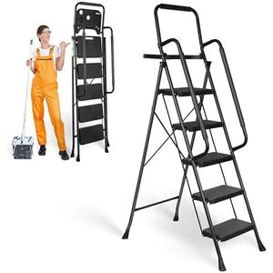 5 Step Ladder, Protable Steel Folding Stool with Wide Anti-Slip Pedal, Tool Platfor, Sturdy Steel Ladder, Black