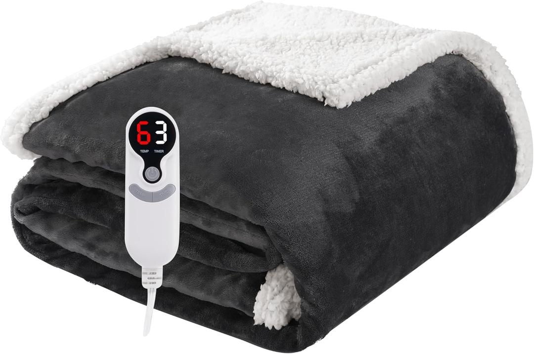 Electric Heated Blanket Throw Size 50"x60", Soft Flannel with Overheat Protection, 9 Adjustable Heat Settings & 10-Hour Auto-Off Timer, Fast Heating for Winter Comfort, Dark Gray