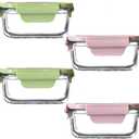 Square Glass Food storage Containers with Airtight Lids, 2 cup Food Meal Prep Containers, Square Glass Bowl For Lunch Sandwich Fruit Snack, Dishwasher Microwave Freezer Safe- (Pink+Green)