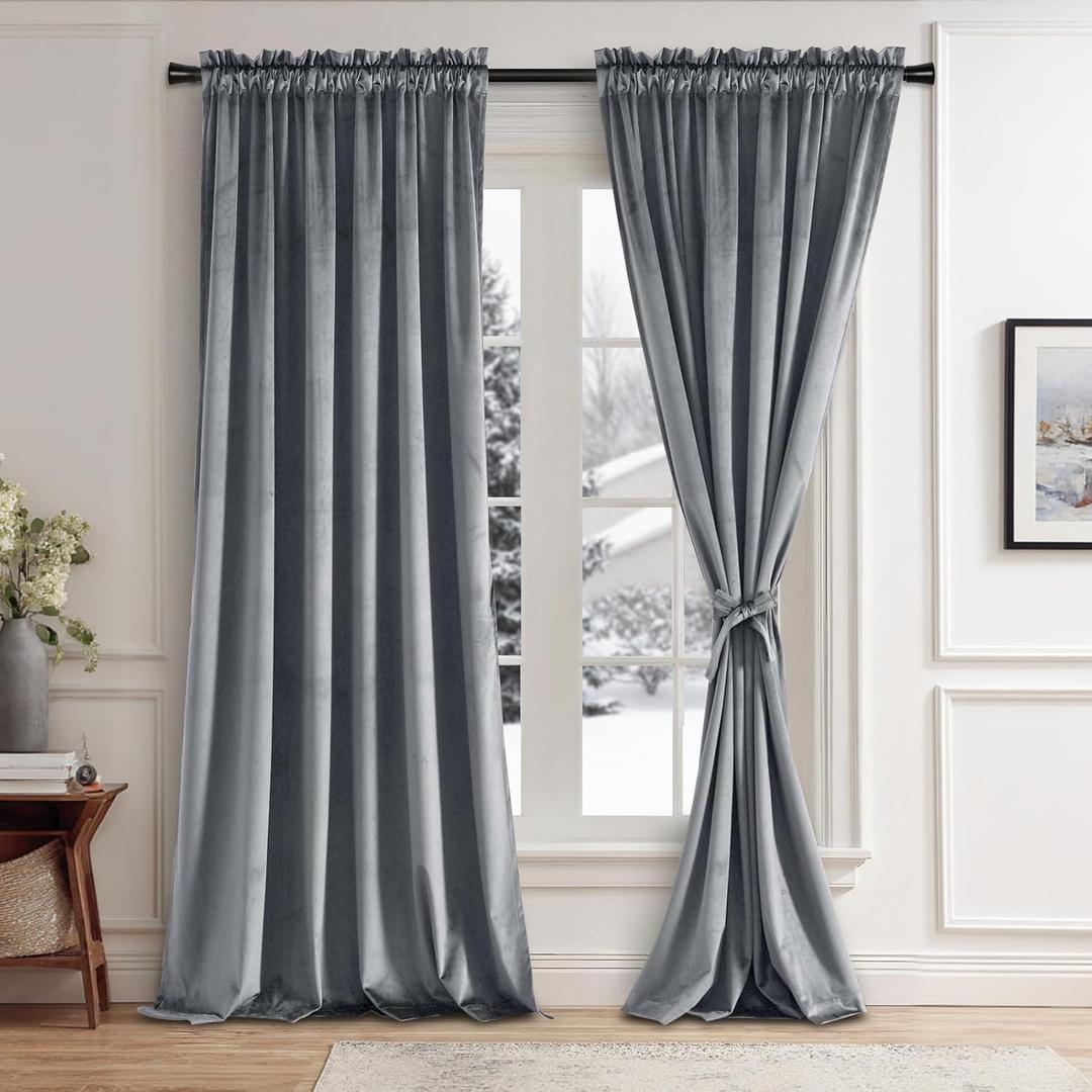 JIUZHEN Grey Velvet Curtains 90 inches for Living Room - Privacy Protect Room Darkening Rod Pocket Thick Velvet Window Drapes for Bedroom/Dining Room, Set of 2 with Tiebacks, W42 x L90 inches