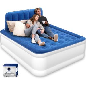 Queen Air Mattress with Headboard, Built-in Pump, 19" Raised Comfort Design, 800 lbs Max, 48-Hour Leak-Tested PVC, 3.5 Min Fast Inflation & Headboard, Durable Air Bed for Home, Guests Bed, Travel (Blue)