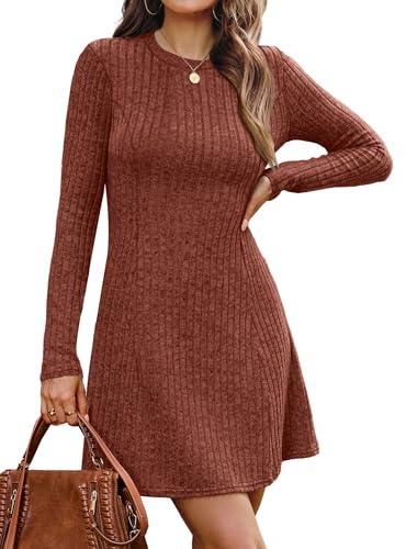 OFEEFAN Fall Dresses for Women 2025 Sliming Dress Women's Clothing Long Sleeve Sweater Dress Caramel L