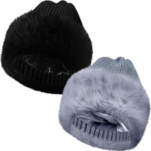 2 Pcs Faux Fur Knit Beanie Winter Satin Lined Beanie Hat Warm Cuffed Plain Hat with Lining for Men Women (Black and Grey)