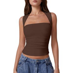 QINSEN Womens Square Neck Tank Tops Side Ruched Double Lined Slim Fit Summer Going Out Crop Top (Medium, Chestnut)