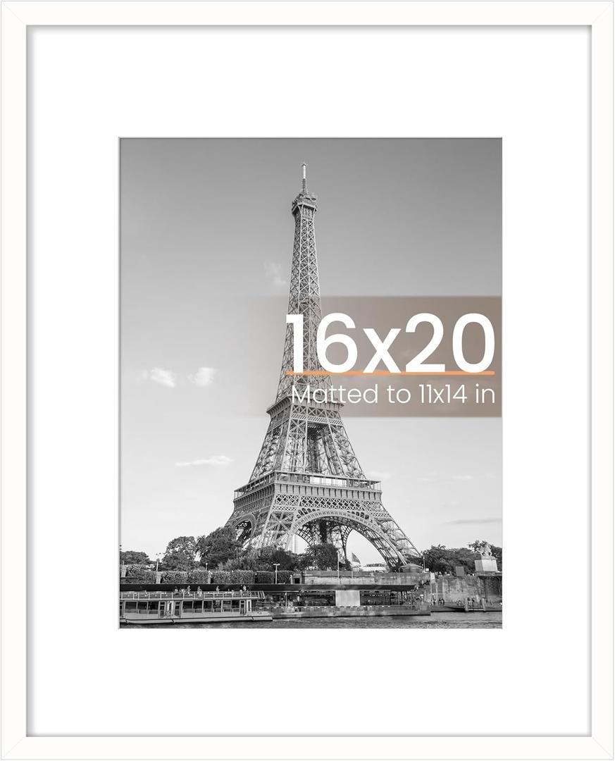 Upsimples 16x20 Picture Frame, Display Pictures 11x14 with Mat or 16 x 20 Without, Wall Hanging Poster Frame, White, 1 Pack