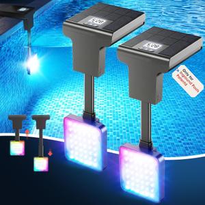 Solar Pool Lights for Inground Pools,Upgraded Solar Lights with LCD Pool Thermometer, Underwater Submersible Led Light for Pool Accessories, Swimming Pool Lighting with 10 Light Modes, 2PC