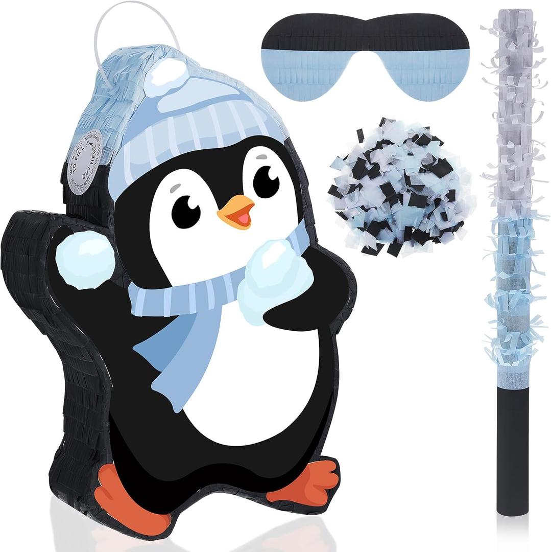Lewtemi 15.1 Inch Penguin Piata Penguin Party Favor Supplies Candy Animal Piata with Stick Confetti and Blindfold Gift for Boy Girl Adults Winter Theme Birthday Party Supplies Decorations (Elegant)