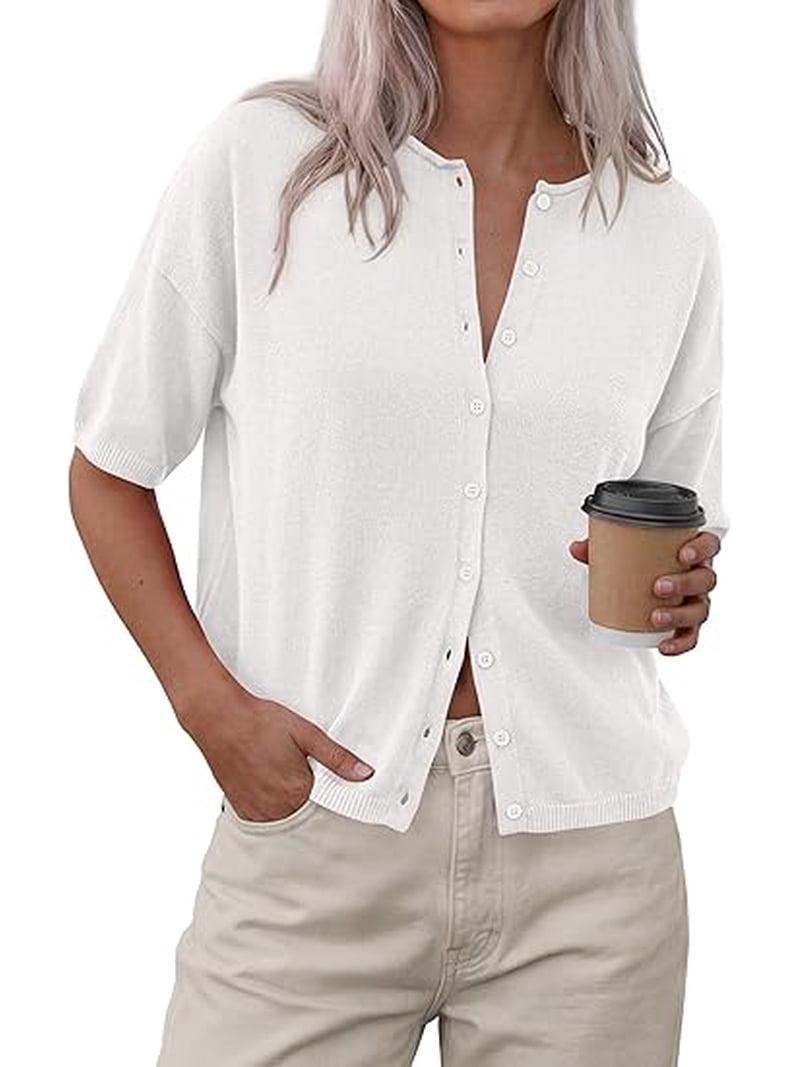 PRETTYGARDEN Women Spring Short Sleeve Cardigan Sweaters Button Down Knit Shirt Blouse Dressy Casual Tops Summer Outfits (White, Small)